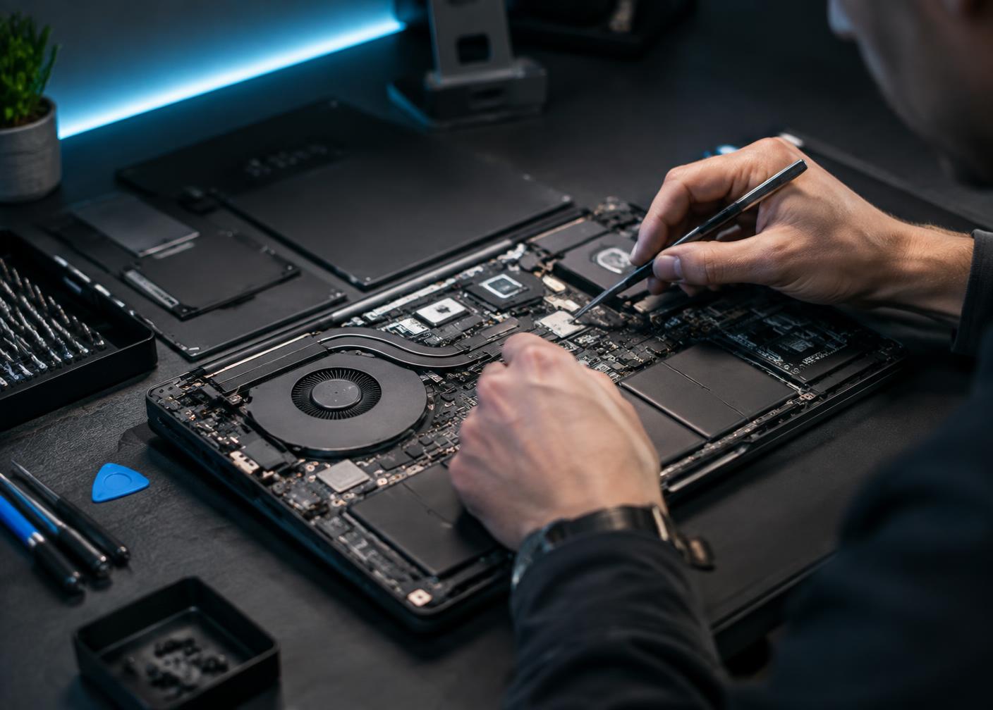 Técnico realizando manutenção na placa interna de um notebook com ferramentas de precisão