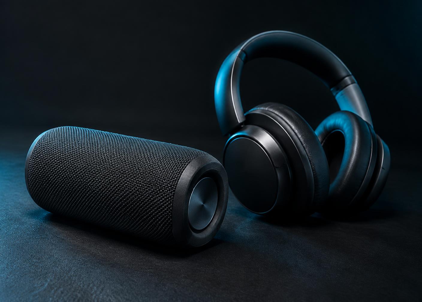 Caixa de som portátil ao lado de headphone premium sobre superfície escura