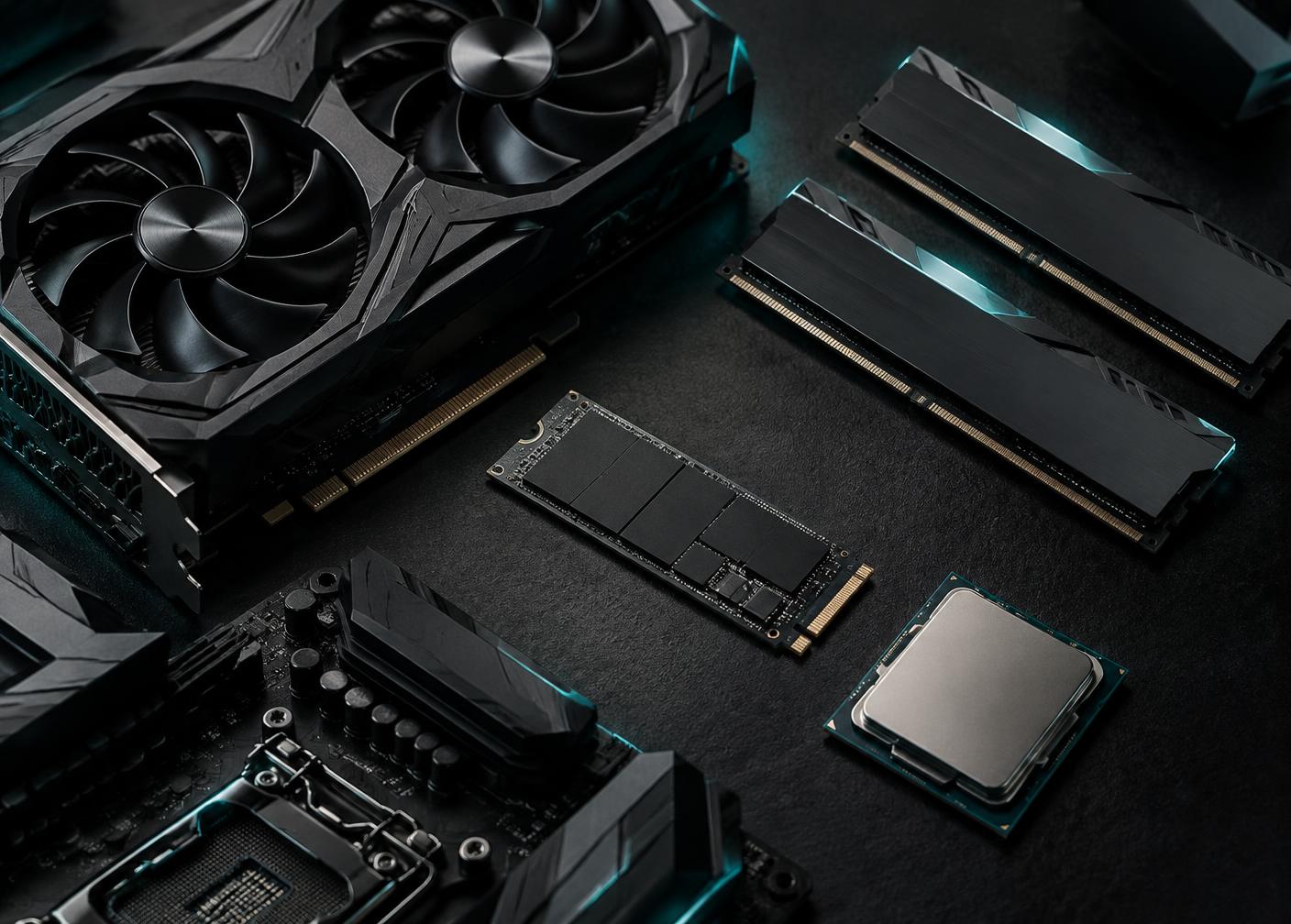 Placa de vídeo, memórias RAM, SSD NVMe e processador sobre superfície escura