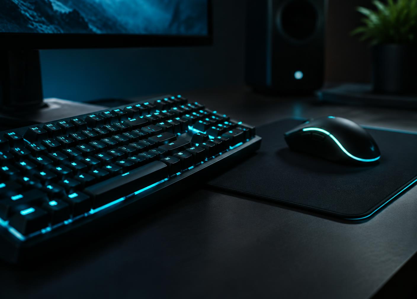 Teclado mecânico com iluminação ciano, mouse e mousepad em mesa escura