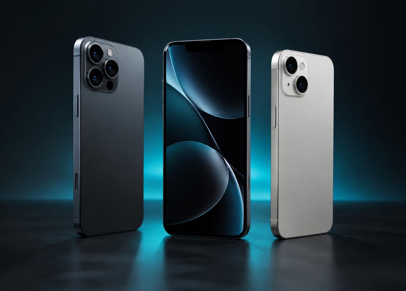 Três smartphones modernos posicionados em fundo escuro com iluminação ciano discreta