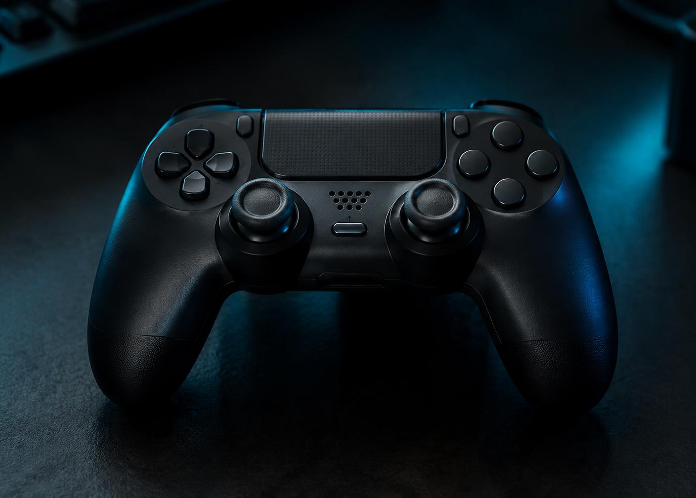 Controle de videogame em superfície escura com iluminação azulada suave